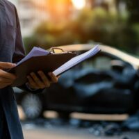 Businessman evaluating reports near a car accident scene during sunset.